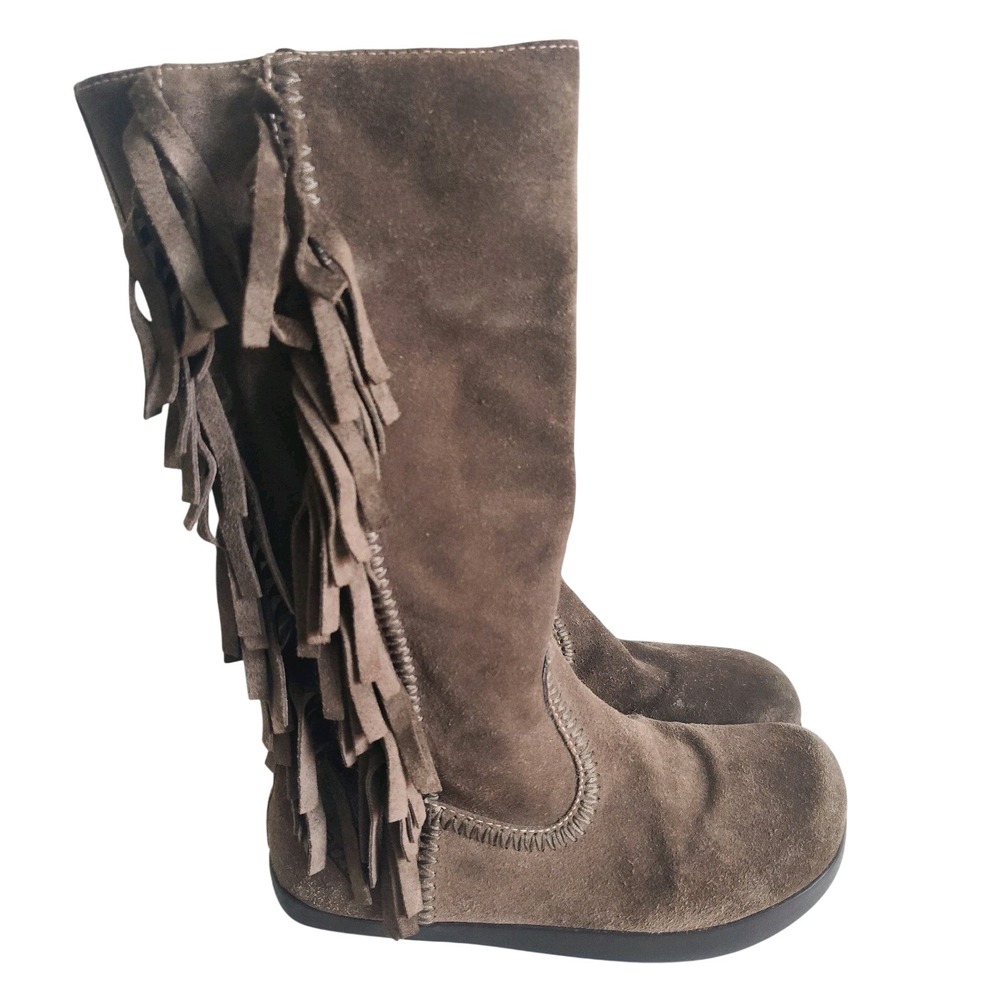 Earth Mid-calf Boots 7 Flat Fringe‎ Western Tribal Pull On Taupe Neutral Suede